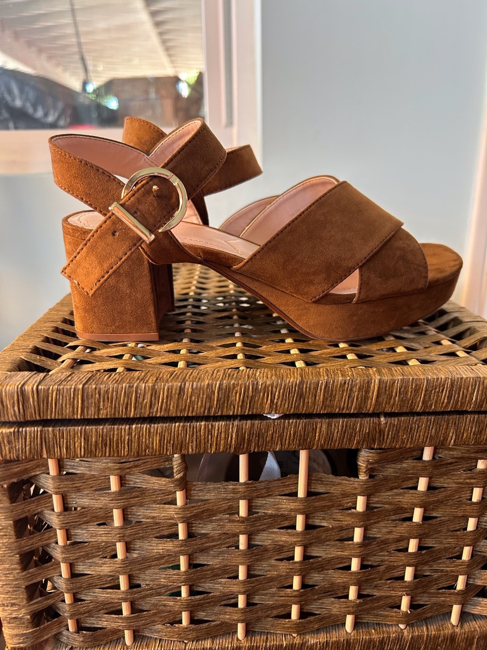 Zara Trafaluc Shoes Size 7.5 Brown Suede Platform Block Heel Crisscross Straps - Picture 7 of 10